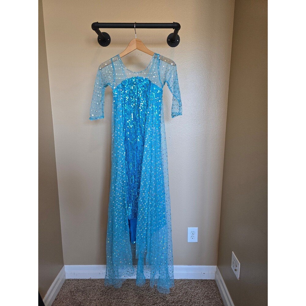 Elsa style‎ long blue Sequined dress with rhinestone neckline Size 130 ( 10/11)